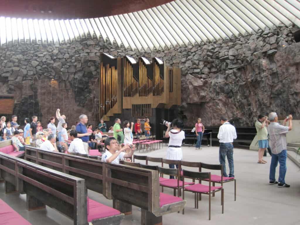 People inside the Rock Church in Helsinki, Finland.