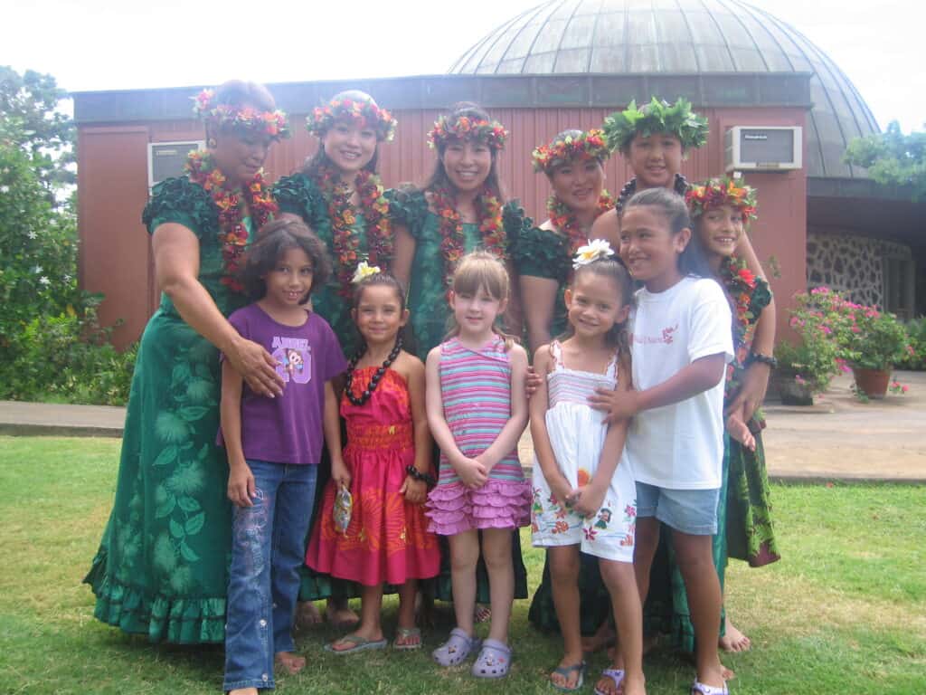 Meeting hula dancers at the Bishop Museum in Honolulu.