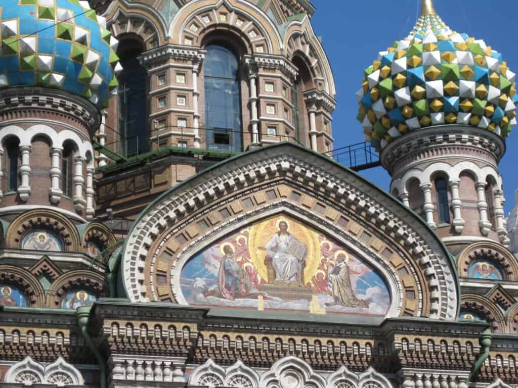 Elaborate and colourful mosaic on exterior of the Church of Our Saviour on Spilled Blood in St. Petersburg, Russia.