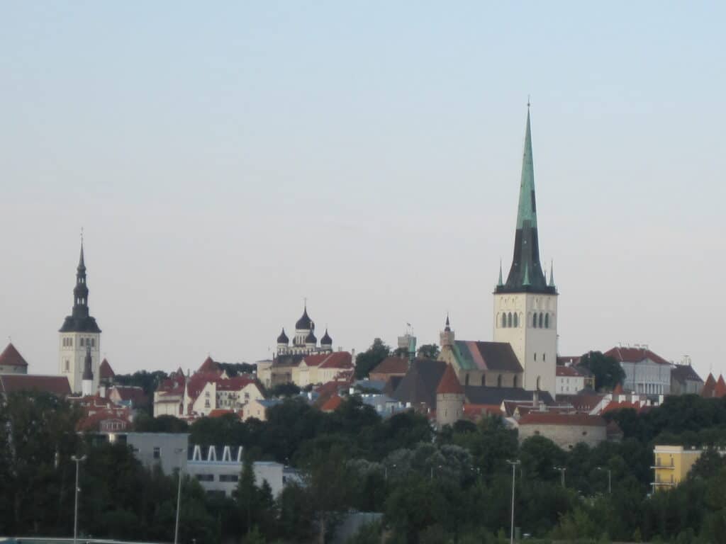 view of Tallinn, Estonia from cruise ship balcony.