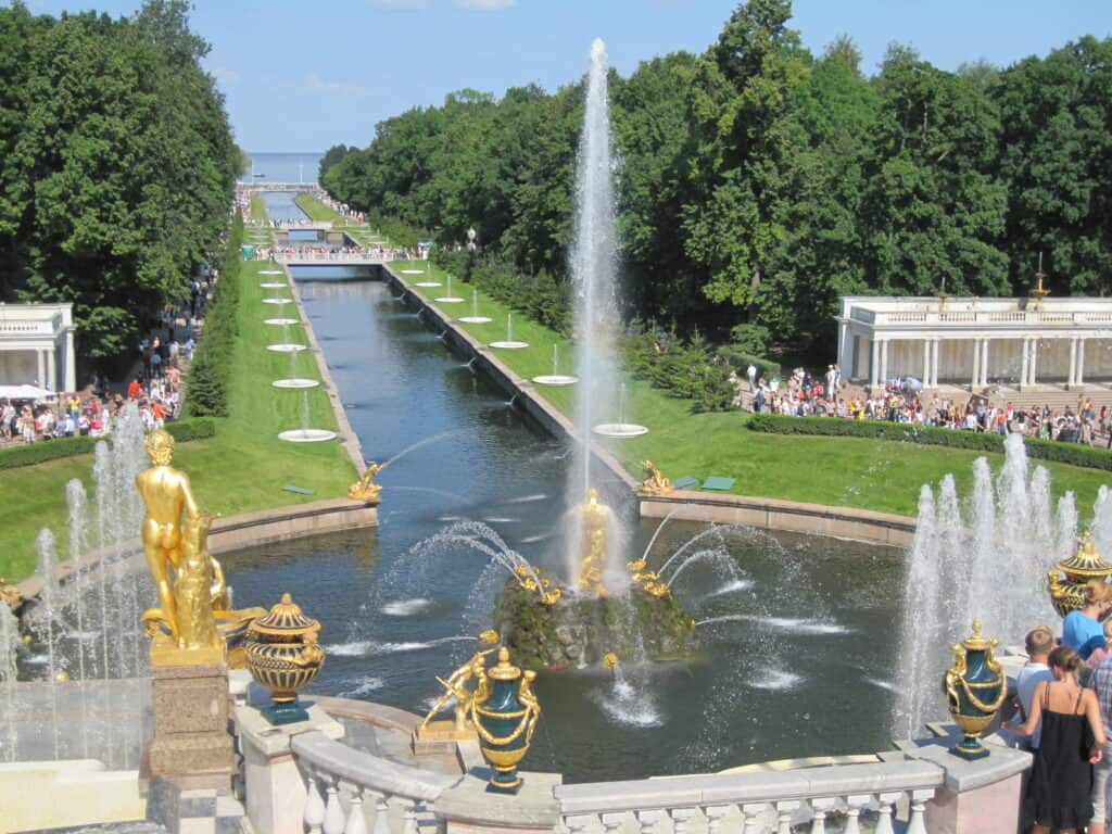 View from terrace at Peterhof Palace Gardens looking down canal to the Gulf of Finland.