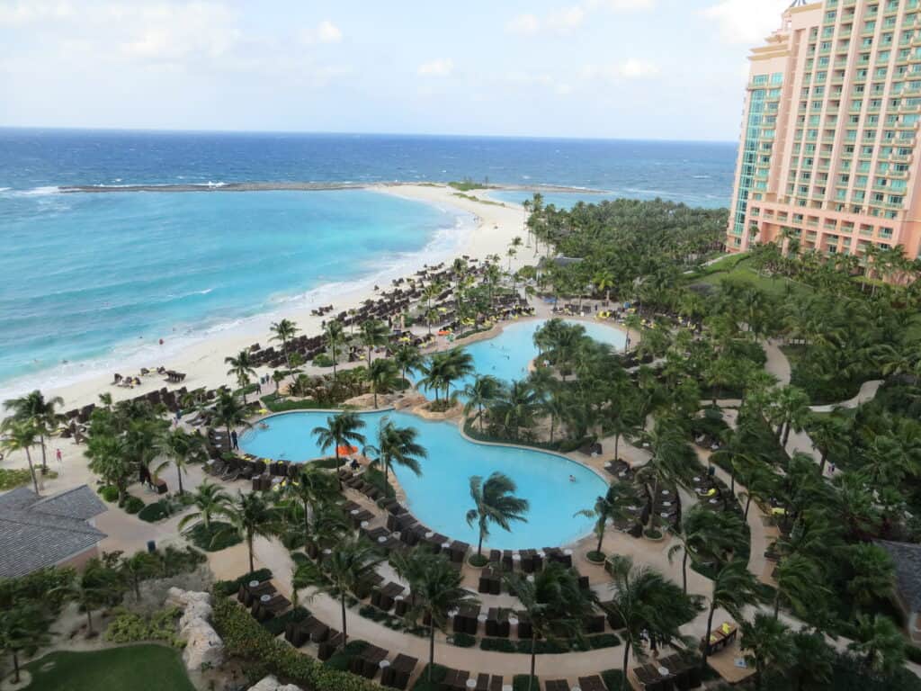 View of Cascade Pool from room at the Reef, Atlantis Resort, Bahamas.