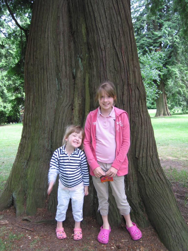 Two young girls in front of large tree in Stanley Park.