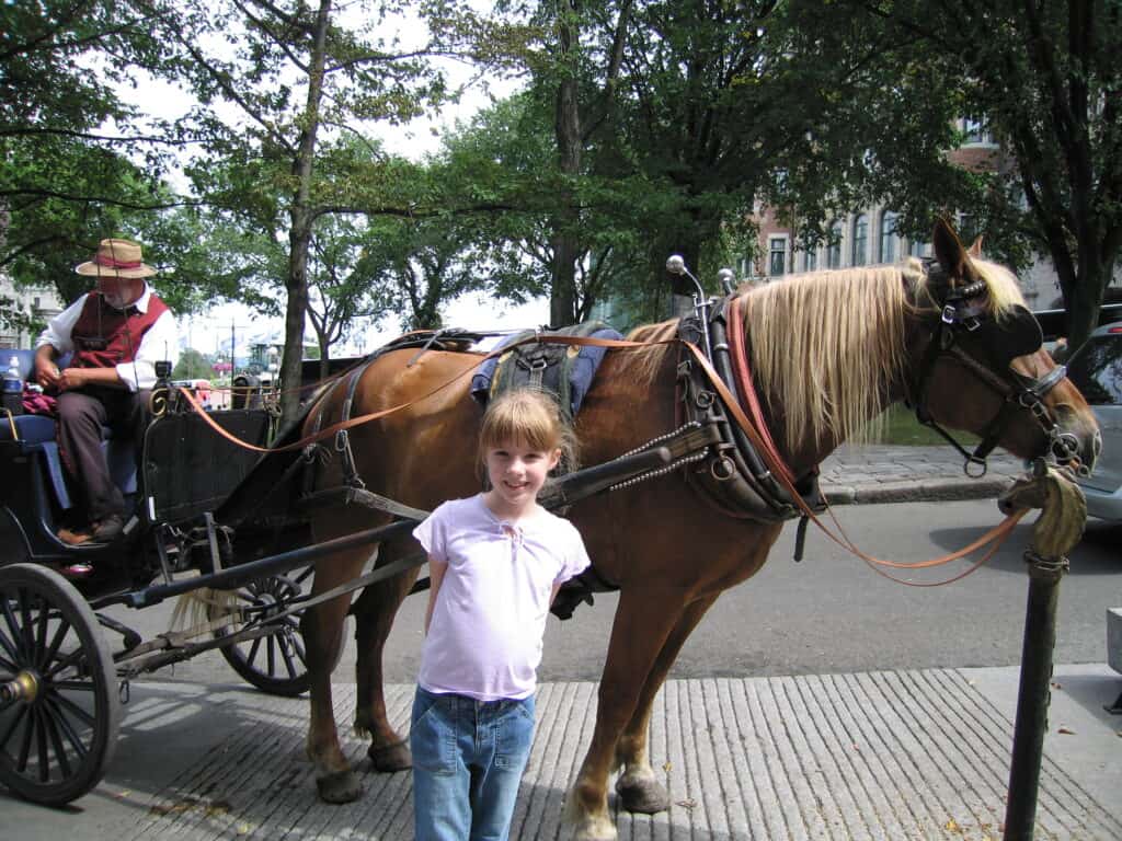 Young girl standing with horse and carriage in quebec city.