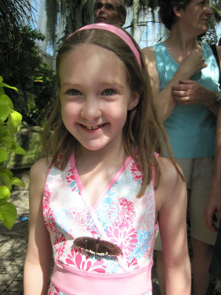 butterfly on chest of smiling young girl in pink and blue patterned dress at niagara parks butterfly consevatory.