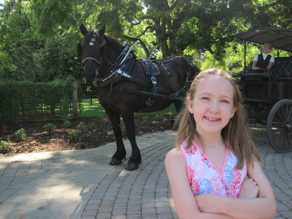 young girl poses with arms crossed in front of black horse and carriage at niagara parks butterfly conservatory.