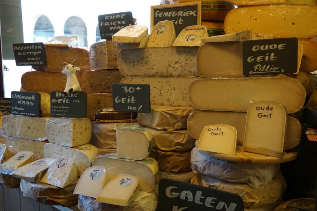 A variety of cheese on display in a shop in Alkmaar, Netherlands.