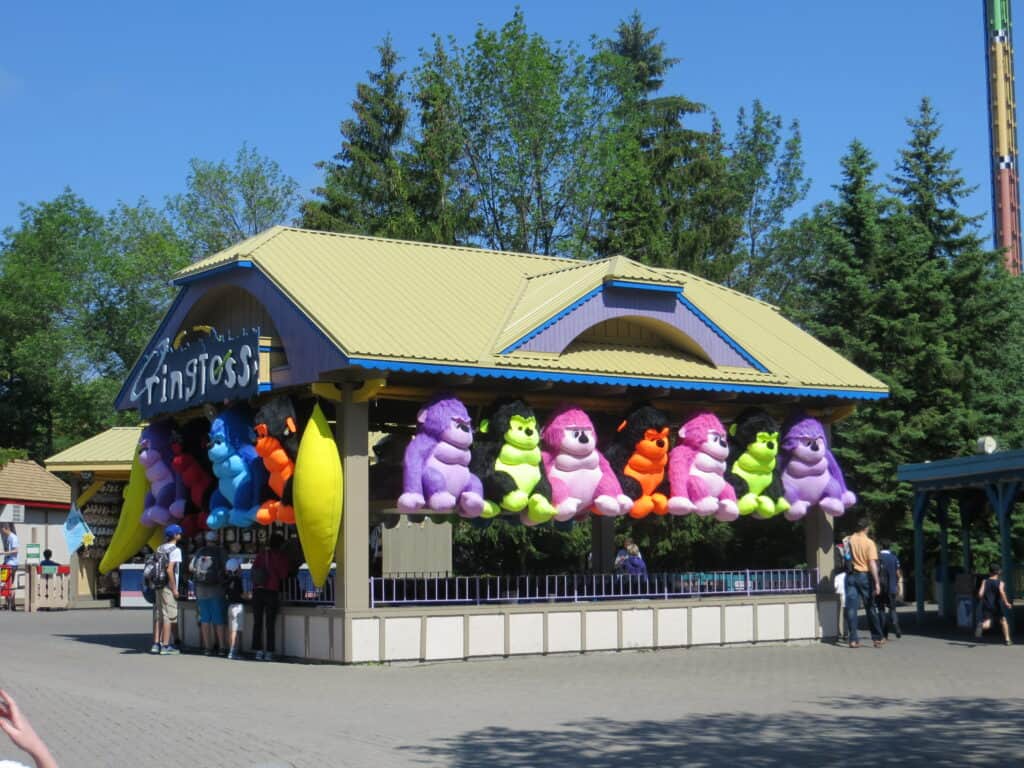 Ringtoss game booth with colourful large stuffed animals on display at Canada's Wonderland.