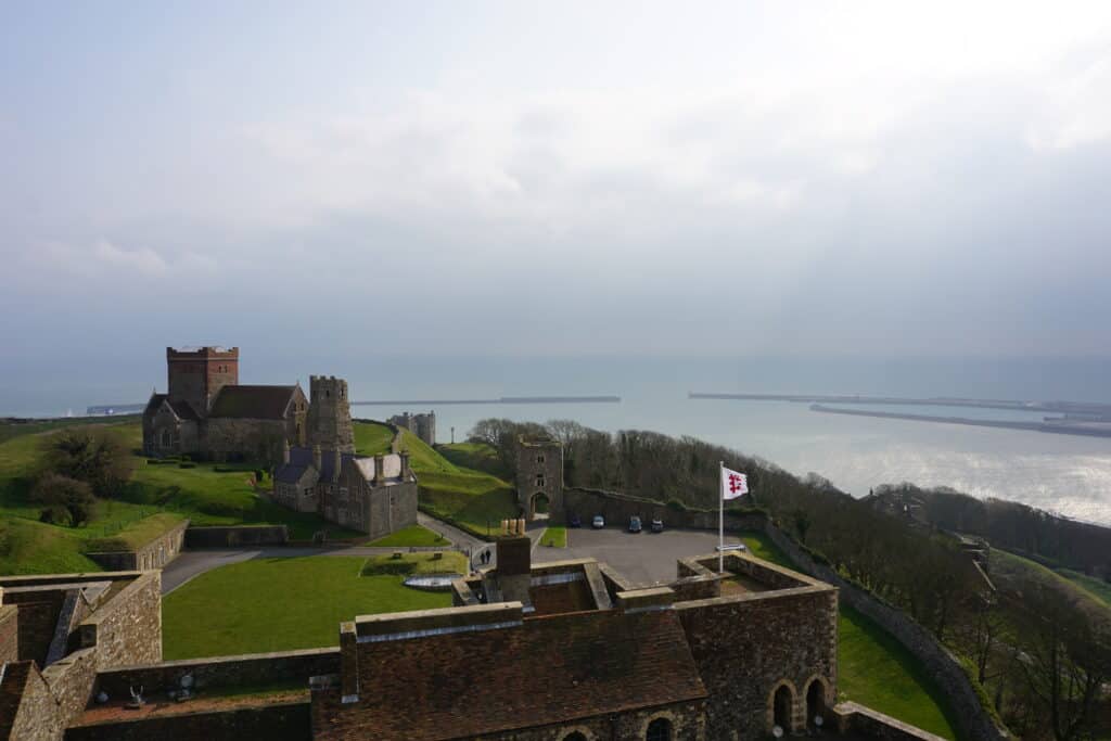 View from the roof of the Great Tower at Dover Castle of castle grounds and Strait of Dover.