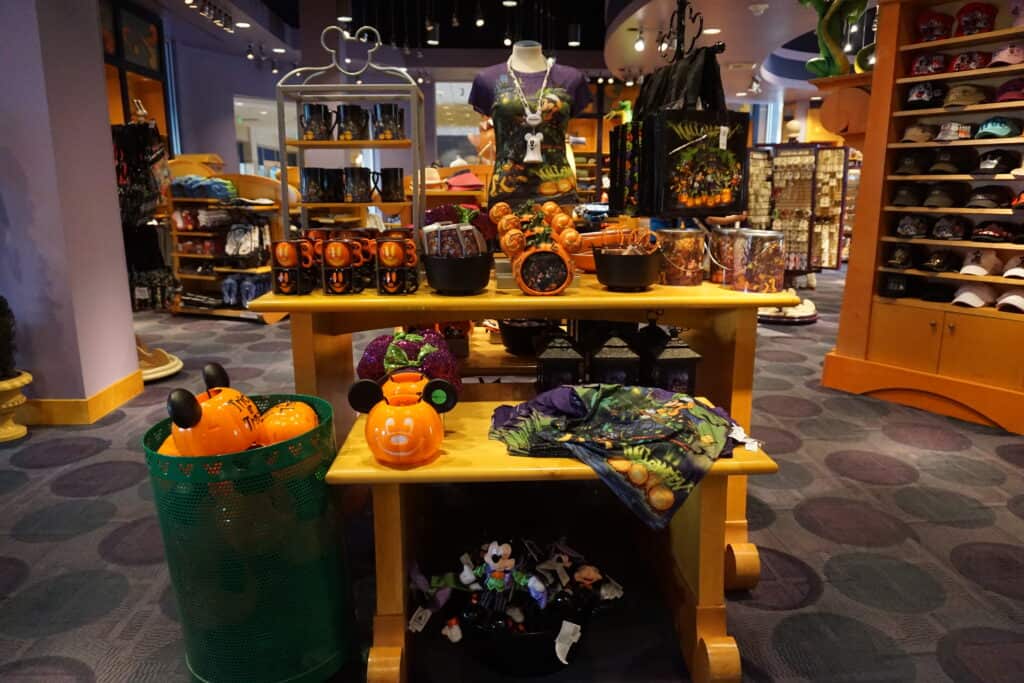 Displays of Halloween merchandise in a Disneyland shop.