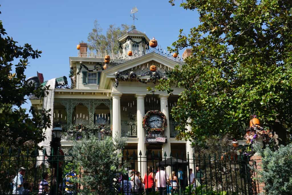 Front of Disneyland's Haunted Mansion transformed for Halloween into The Nightmare Before Christmas.