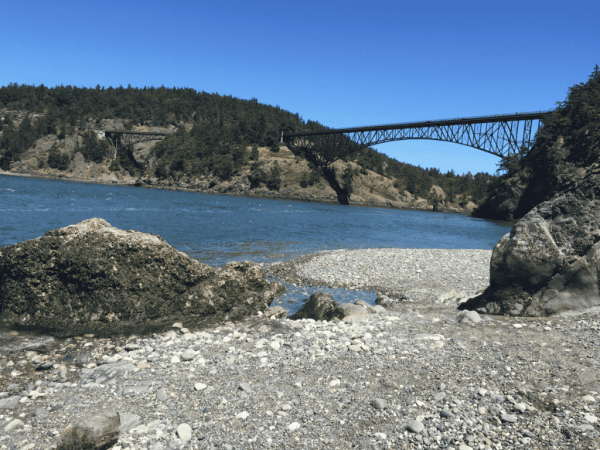 Bridge spanning two shores of body of water in Anacortes, Washington.