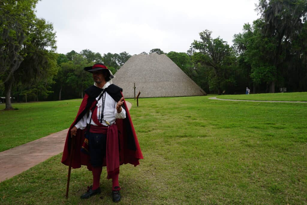 Costumed tour guide at Mission San Luis in Tallahassee, Florida.