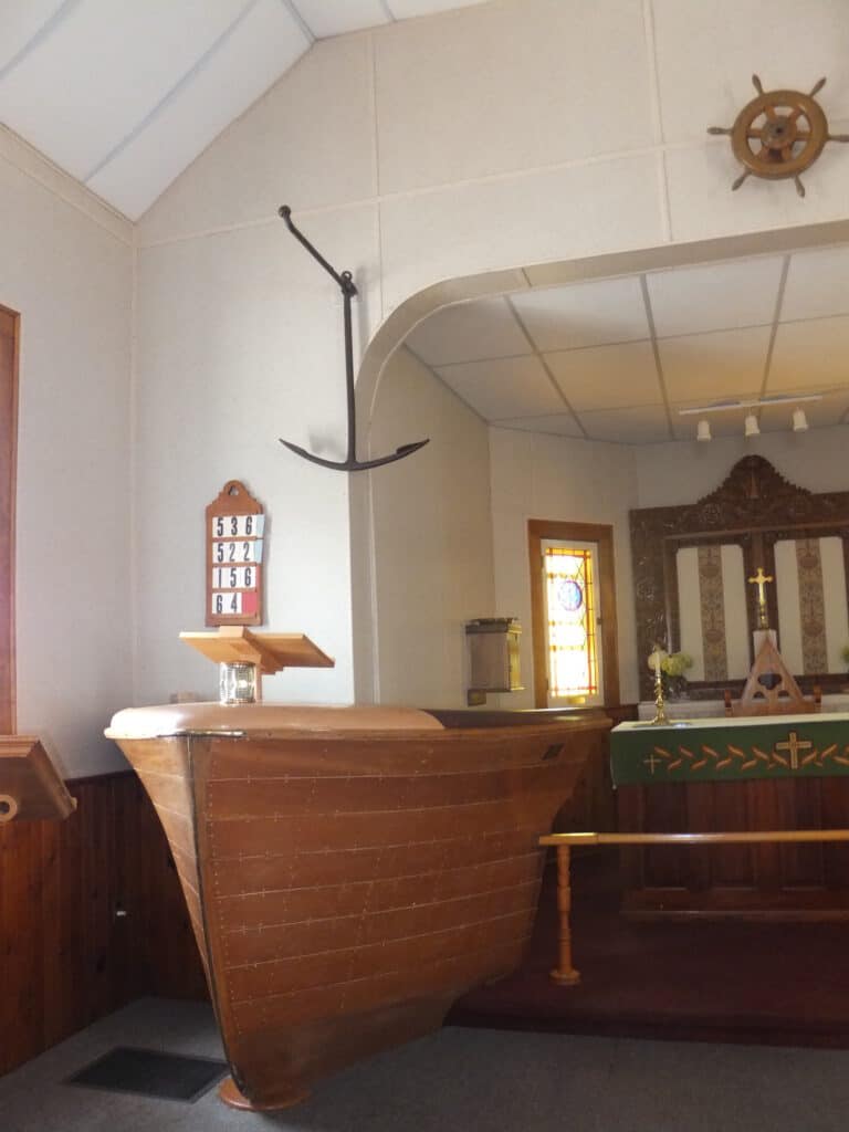 Pulpit shaped like boat inside St. John the Evangelist (the Sailor's Church) in Kagawong, Manitoulin Island, Ontario.