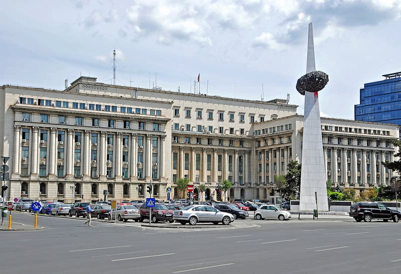 Revolution Square in Bucharest on a cloudy day.