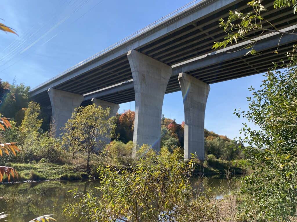 large bridge overpass set against bright blue sky surrounded by foliage and some trees with fall leaves.