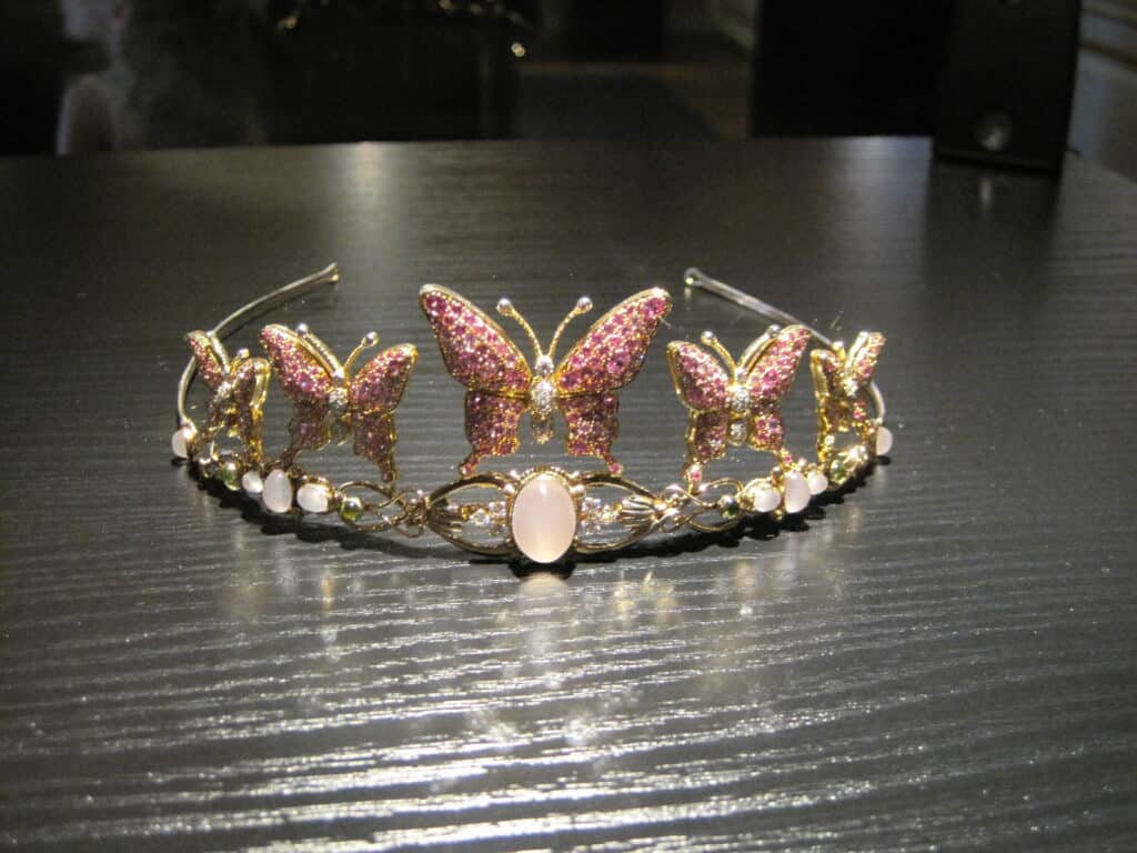 Tiara with pink jeweled butterflies on display at Amalienborg Palace in Copenhagen.