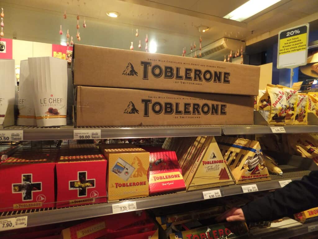 Shelf of Toblerone chocolate in a shop in Geneva, Switzerland.