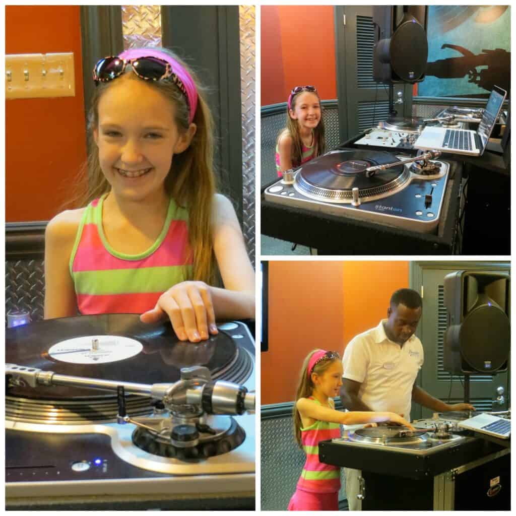 Collage of young girl wearing pink and green striped shirt at DJ Scratch Academy.