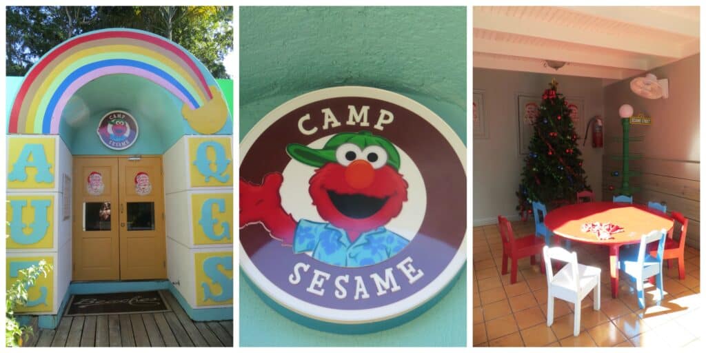 Collage of three photos side by side - entrance to Camp Sesame, Camp Sesame logo with photo of Elmo wearing green cap and blue shirt, activity table and chairs in Camp Sesame.