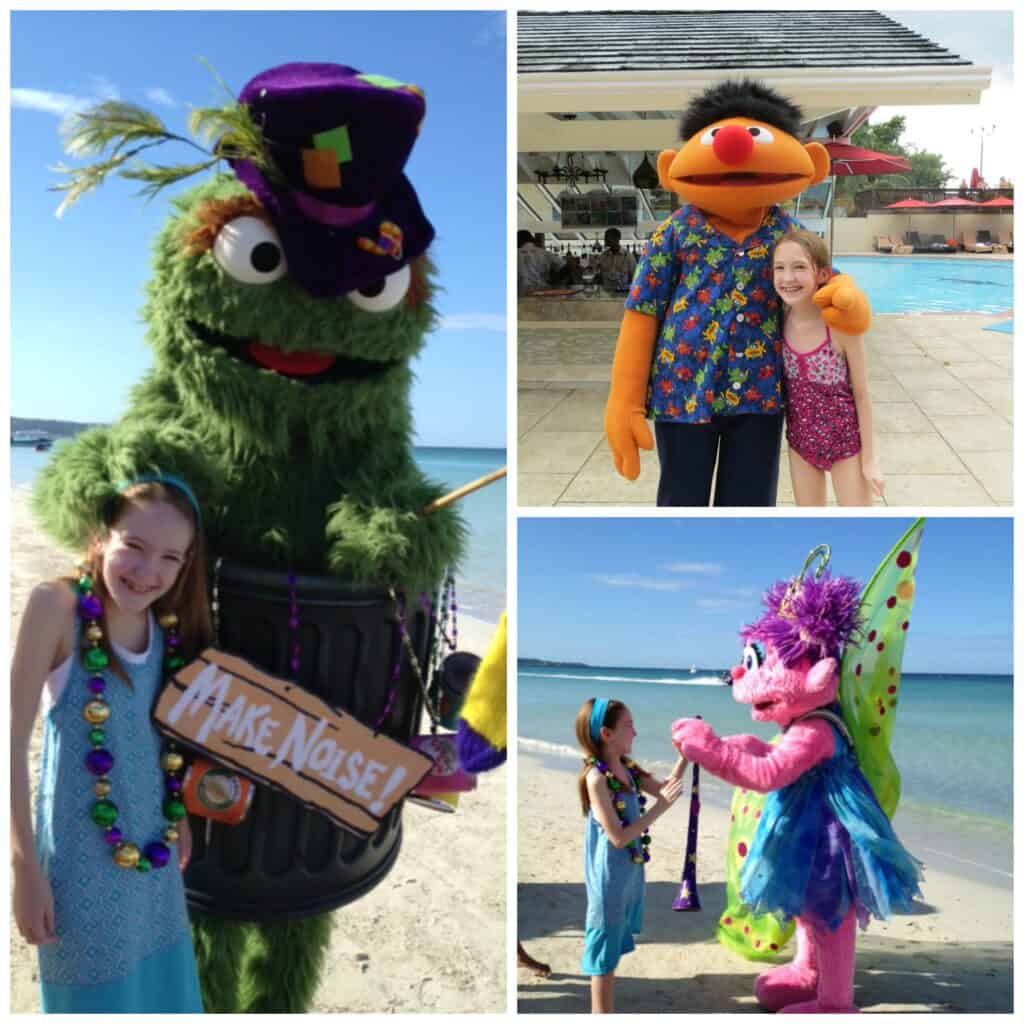 Collage of three photos of young girl with Sesame Street characters - with Oscar, with Ernie, and with Abby.