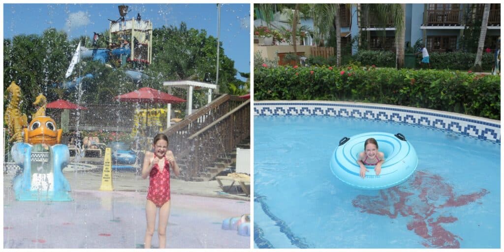 Collage of two photos at Beaches Negril waterpark - young girl standing in splash pad sprinkler and floating in inner tube in pool.