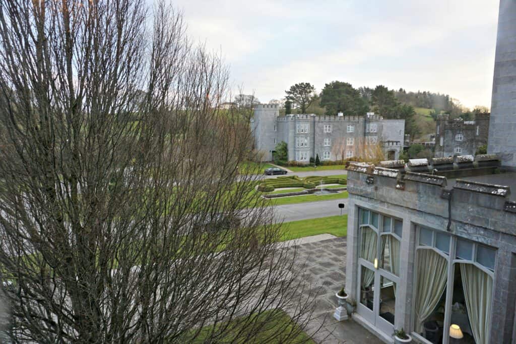 View from suite of Dromoland Castle of another floor of the castle and additional buildings and grounds.