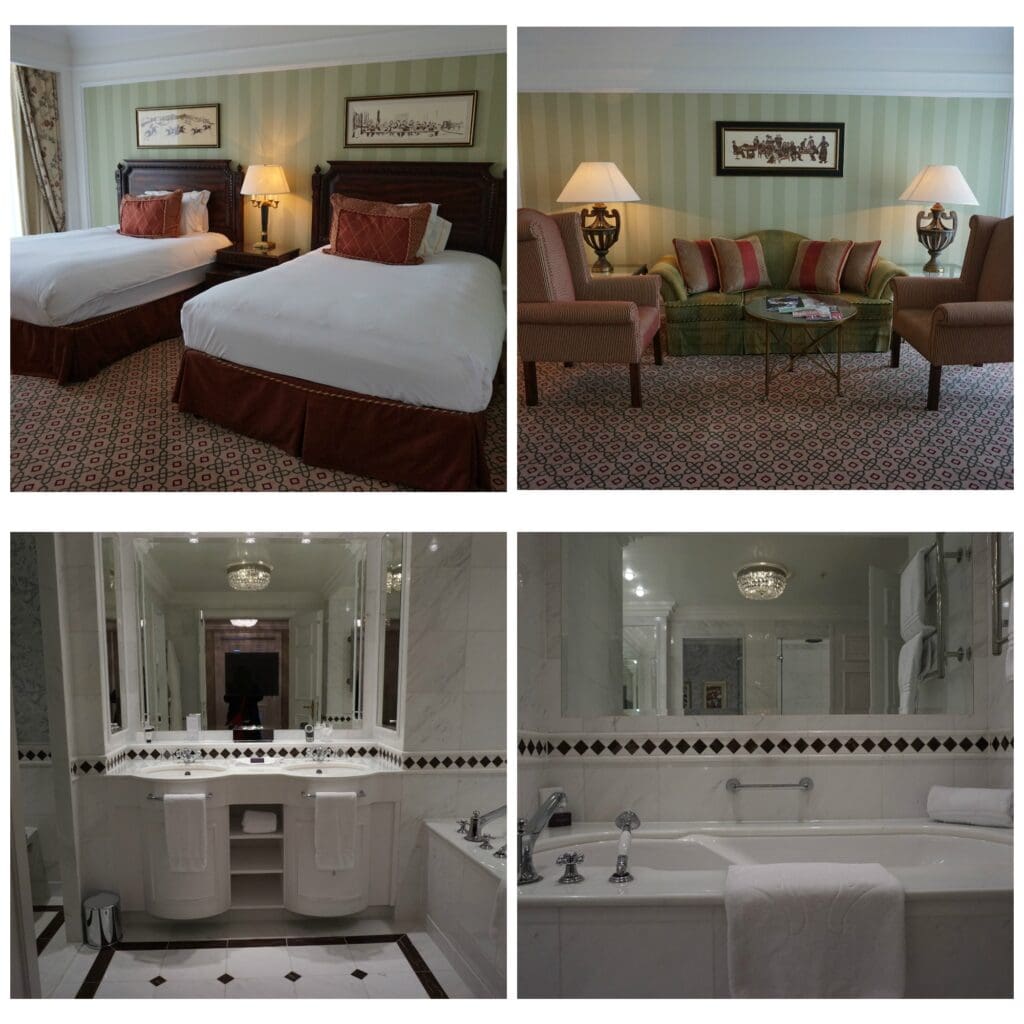 Collage of photos of room at the Powerscourt Hotel - two beds, seating area, bathroom vanity and bathroom tub.
