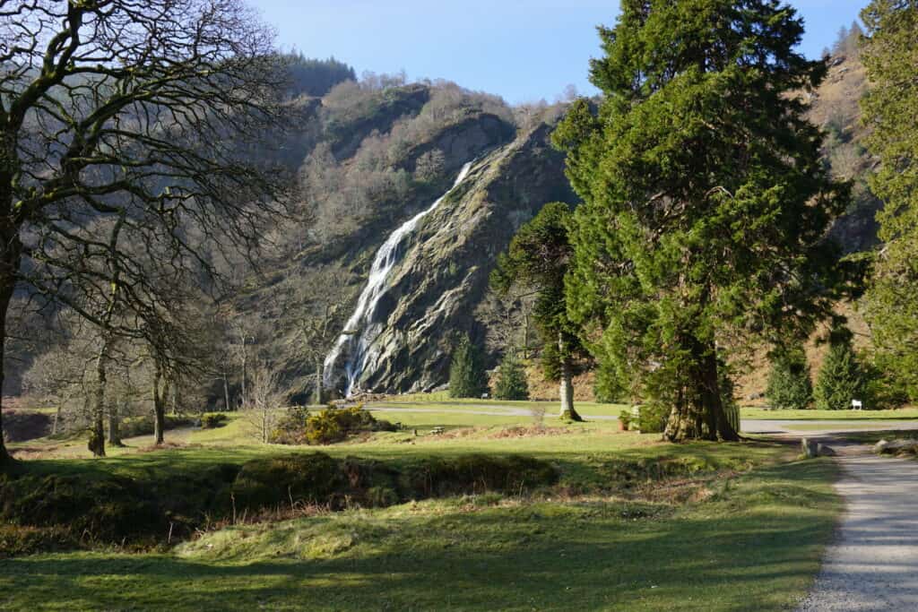 Wooded area with Powerscourt Waterfall in background.