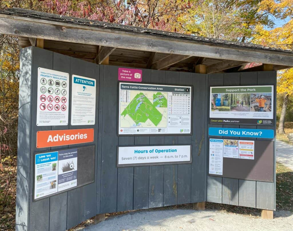 Information board with map, advisories etc. at Terra Cotta Conservation Area.