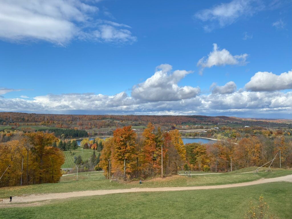 View of fall trees and lake at Kelso Conservation Area.