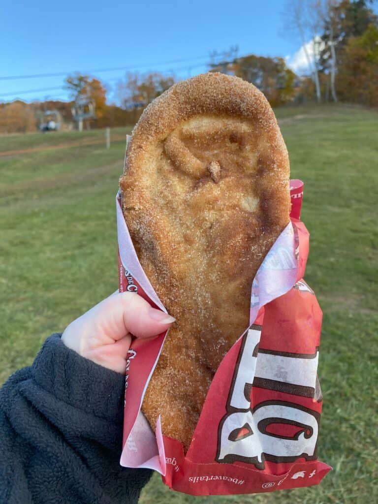 Hand holding cinnamon sugar BeaverTails pastry with chairlifts and fall trees visible in background.