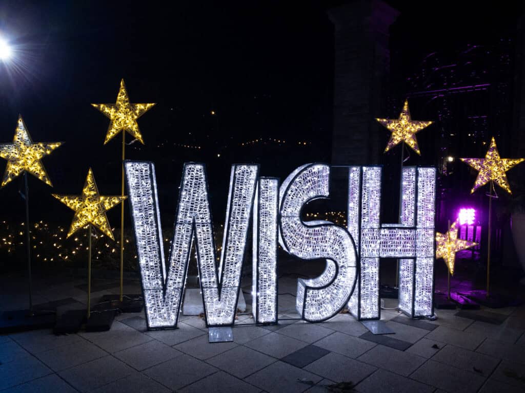 The word 'Wish' in white lights surrounded by gold star lights at the RBG Winter Wonders.