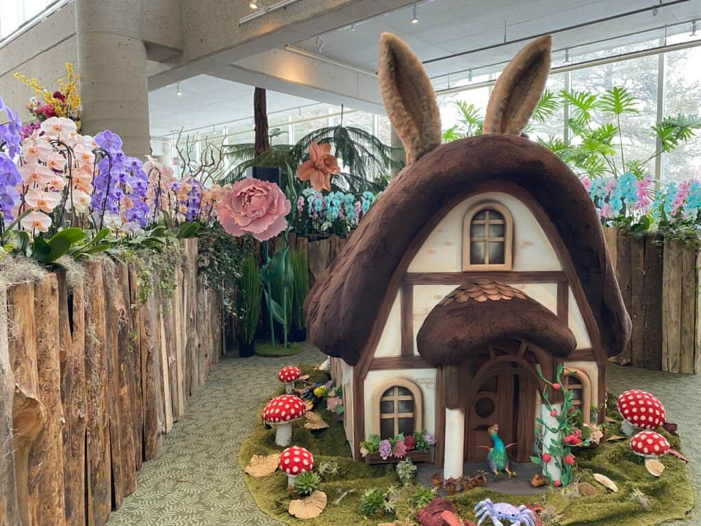 Small beige and dark brown cottage with rabbit ears on roof surrounded by flowers and red and white polka dot toadstools - Alice in Bloomland - Royal Botanical Garden.