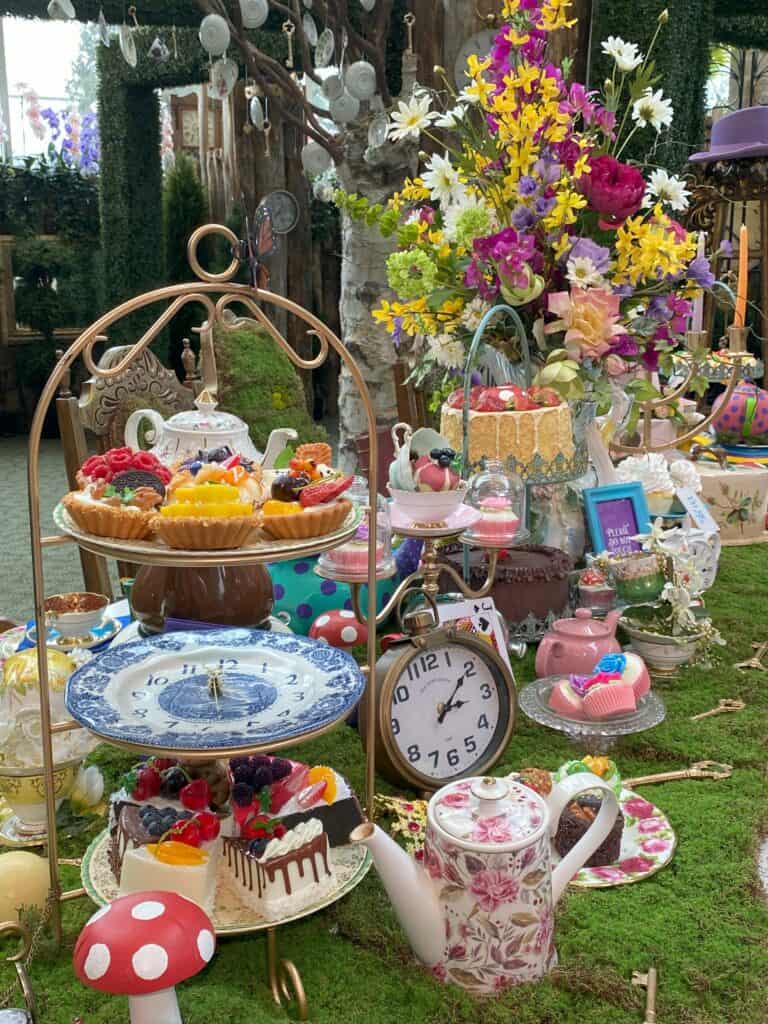 Display of "treats" for tea on table - Alice in Bloomland - Royal Botanical Gardens Winter Showcase.